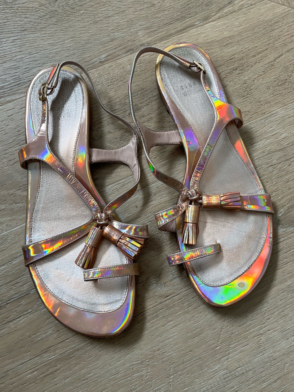 Stuart Weitzman Iridescent Rose Gold Tassel Strappy Sandals